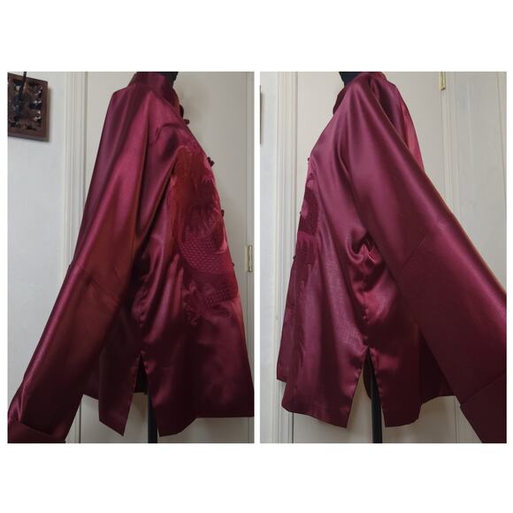 LINZHIXIU Silk Tang Suit Kung Fu Kimono Jacket Burgundy Red Dragan Embroidery✨️L - Picture 5 of 16